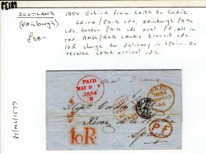 GB SCOTLAND Cover LEITH *PAID* CDS SPAIN Cadiz *10R* Delivery Charge 1854 PE189 