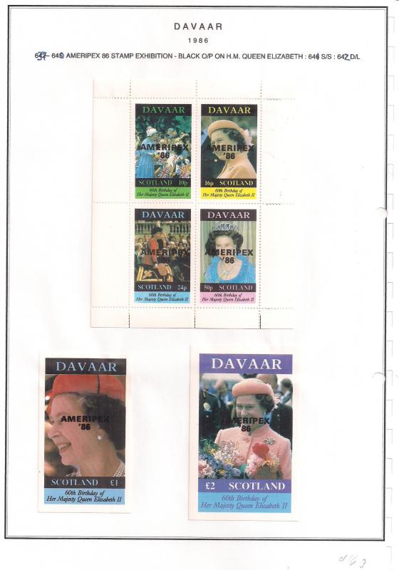 SCOTLAND - DAVAAR - 1986 - Ameripex, Black o/p - 4v Perf, Min, D/L Sheets - MLH