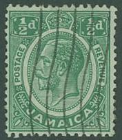 Jamaica SC# 101 King George V, 1/2d, wmk 4, Cancelled