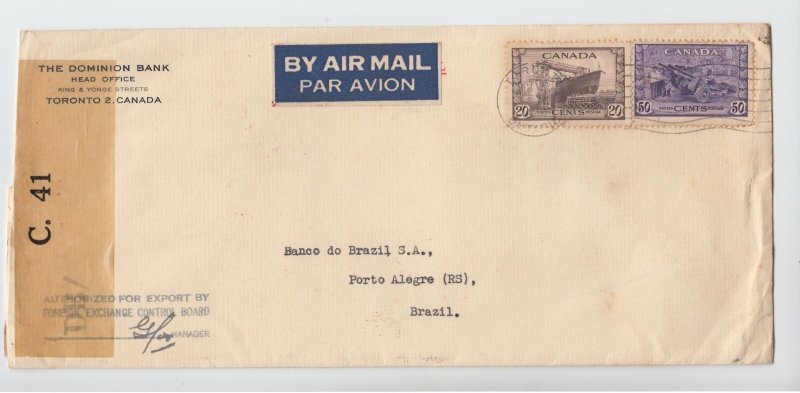 70 cent airmail to >> BRAZIL << WAR issue nice receivers Canada cover