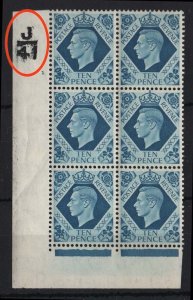 GB 1937 Dark colours 10d J41 cyl 1 no dot IE corner blk of 6, mint, margin wri