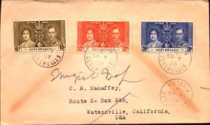 1938 Seychelles philatelic Cover - Coronation issue - slit open at left  stk#934