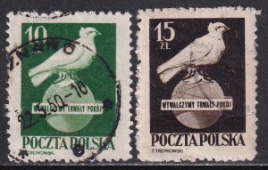 Poland 1950 Sc 475-6 World Peace Action Day Dove Globe Stamp Used