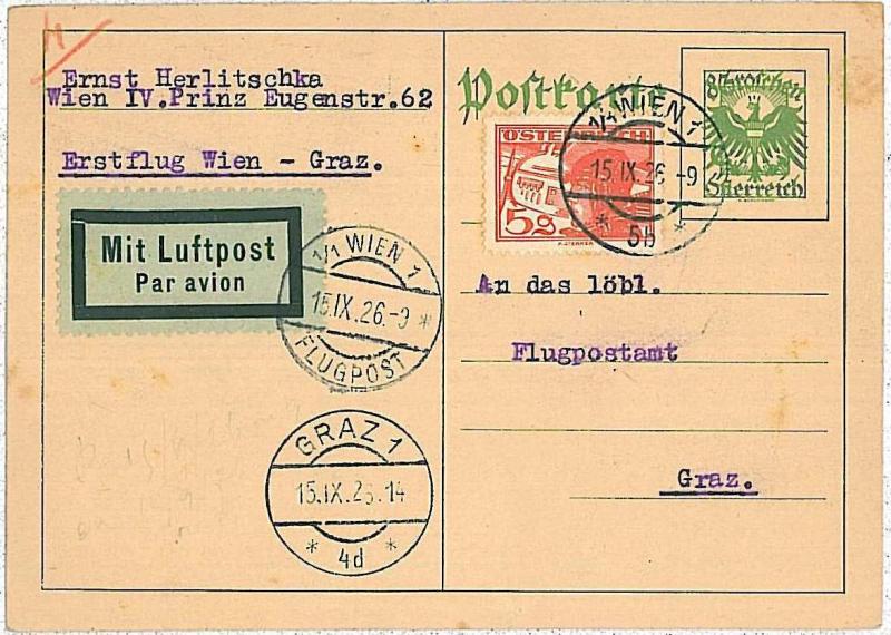 1st FLIGHT  POSTAL STATIONERY - AUSTRIA: Wien / Graz - 1927 - MULLER # 115 1927 