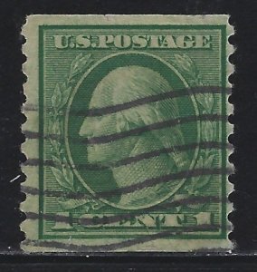 Scott # 443  Lot E230  1c Washington Coil green perf 10 vertical  Used