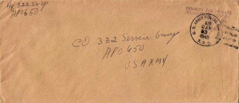 United States A.P.O.'s Headquarters 322nd Service Group Penalty 1945 U.S. Arm...