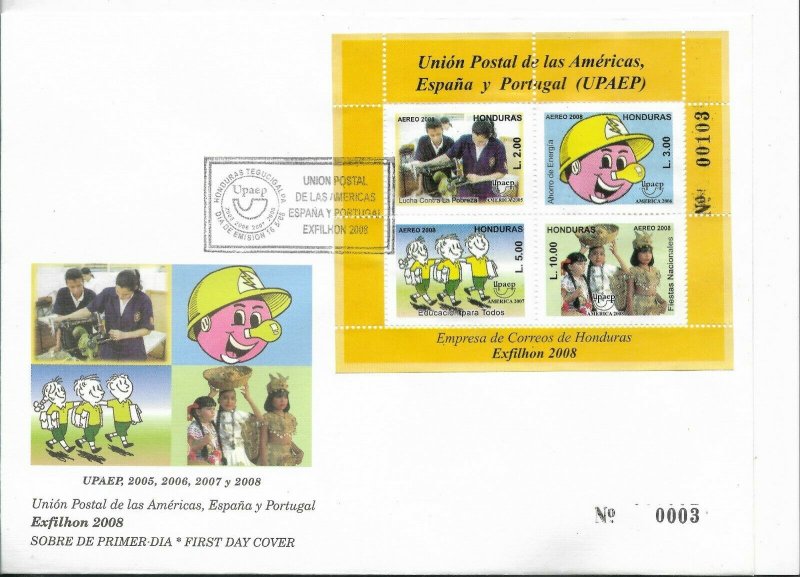 HONDURAS 2008 EXFILHON AMERICA UPAEP ISSUES SOUVENIR SHEET ON FIRST DAY COVER 