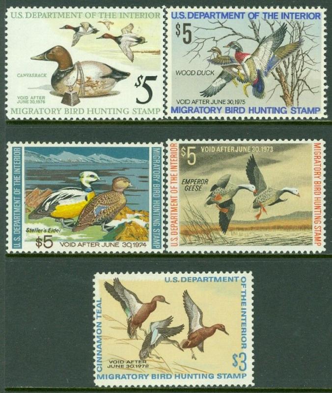 EDW1949SELL : USA 1972-76 Scott #RW38-42 Very Fine, Mint Never Hinged Cat $123.