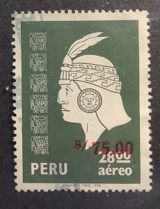 Peru 1978 Scott C499 used - 75.00 on 28.00 S, Inca head - overprint