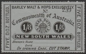 NEW SOUTH WALES Beer Duty 1903 Crown 1/8 Revenue Barley Malt & Hops Exclusively.