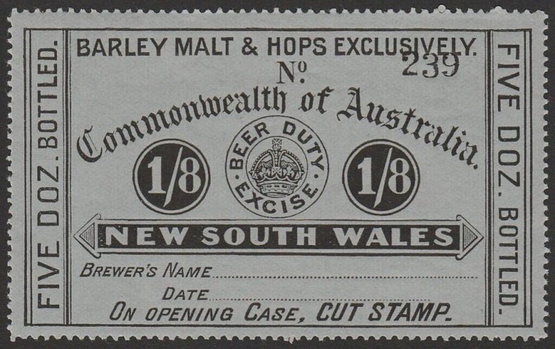 NEW SOUTH WALES Beer Duty 1903 Crown 1/8 Revenue Barley Malt & Hops Exclusively.