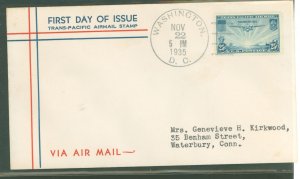 US C20 1935 25c Trans-Pacific (clipper) airmail stamp - single on an addressed (typed) first day cover with a WSE cachet.