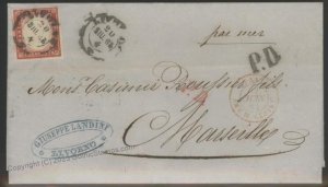 Italy 1862 Sardegna Sc 13 Livorno Marseilles France Cover Seapost Per Me G112362