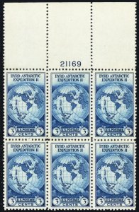 753, Mint NH 3¢ Plate Block of Six CV $15.00