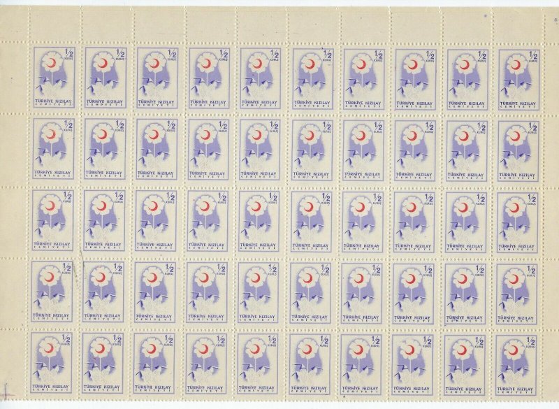 TURKEY 1957 RED CRESCENT STAMPS 1/2k FULL SHEET OF 100 UNISSUED COLORS