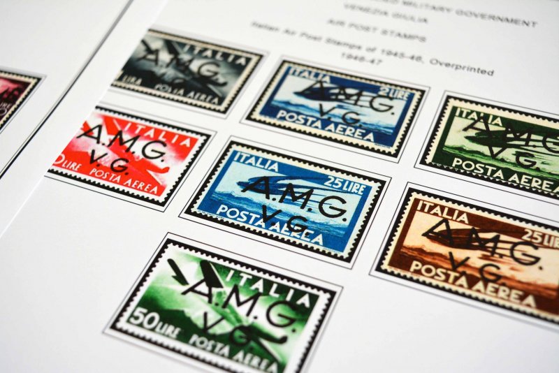 COLOR PRINTED ITALY RSI + AMG 1943-1947 STAMP ALBUM PAGES (18 illustrated pages)