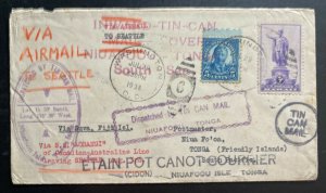 1938 Washington Dc USA Tin Can Canoe Mail cover To Niuafoou Tonga Toga Via Fiji