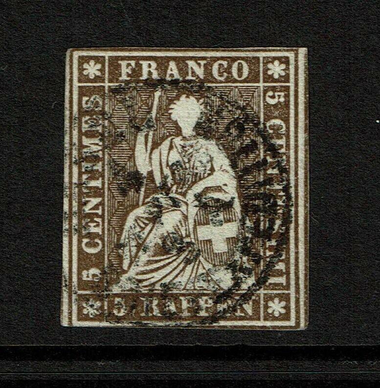 Switzerland 5R Dp Brown Helvetia Used / Grn or Em Thread / Signed Z Franz -S7719