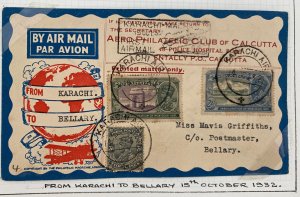 1932 Karachi India First Flight Airmail Cover to Bellary TATA Airways Map Cap