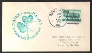 USA 1949 March 17 Cover ST PATRICK MO Cancel and 3 Leaf Clover Cachet Sc 981