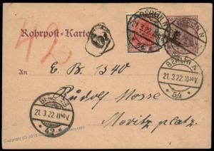 Germany 1922 Inflation Berlin Rohrpost Pneumatic Mail Cover Germania 82610