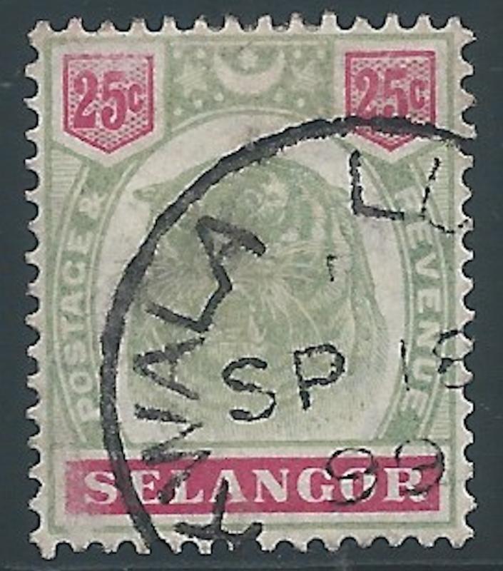 Malaya-Selagor, Scott #33, 25c Tiger Head, Used, VF