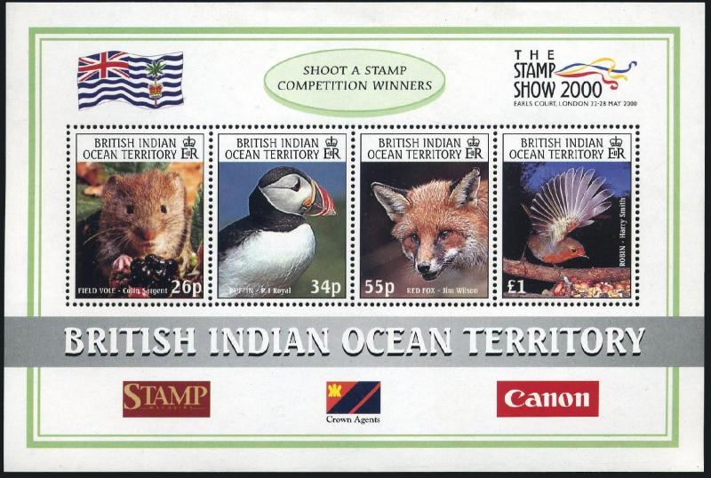 BIOT 218ad sheet,MNH. LONDON-2000:Field vole,Puffin,Fox,Robin.