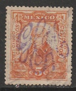 MEXICO 374, 5¢ INDEPENDENCE CENT. W/HANDSTAMP MONOGRAM. USED. VF