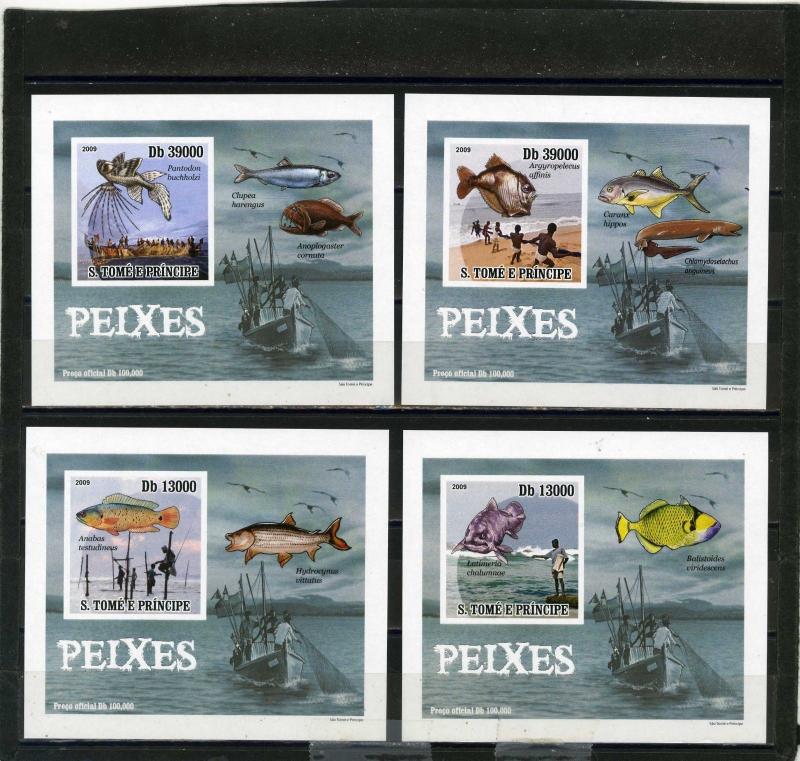 ST.THOMAS & PRINCE 2009 FISH SET OF 4 DELUXE S/S MNH 