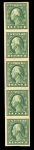 United States, 1904-9 #343 Cat$49+, 1908 1c green, vertical strip of five, ne...
