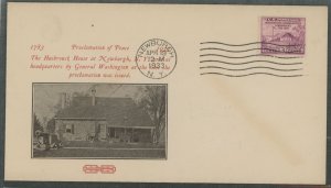 US 727 (1933) 3c Washington headquarters 1 peace of 1783 issue (single) on an unaddressed first day cover with an unknown cachet