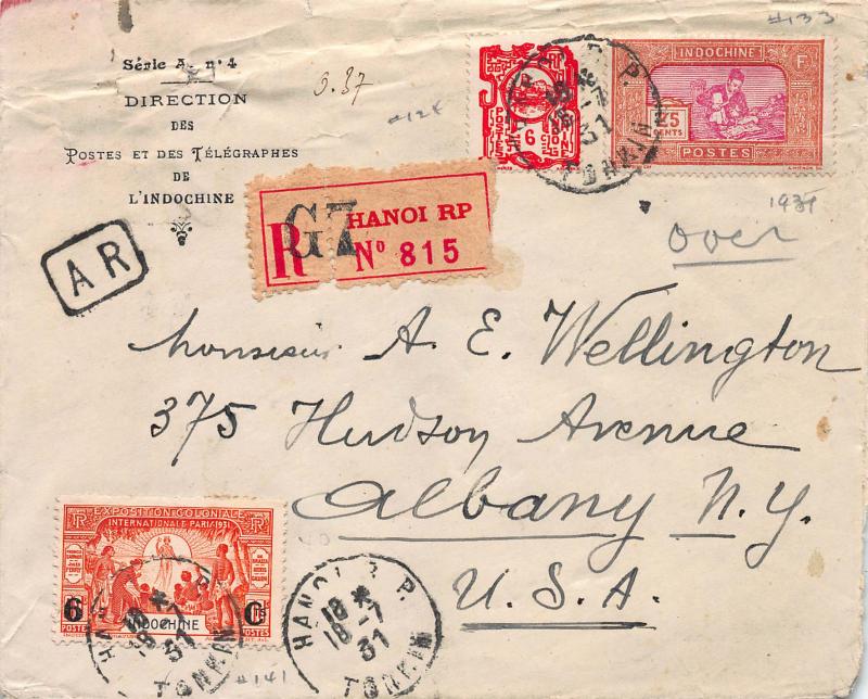 Indo-China, Scott #124,133,141, on 1931 Registered Cover to Albany, N.Y.