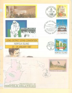 Norfolk Island  1981-88 4 different Postal Stationery U/A FDCs. Thanksgiving. Bowling. Lions. Settlement Bicentennial.