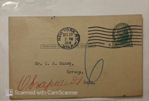 US POSTAL CARD FROM NY  TO HAVANA CUBA , 1916, MACHINE CODED CANCEL 