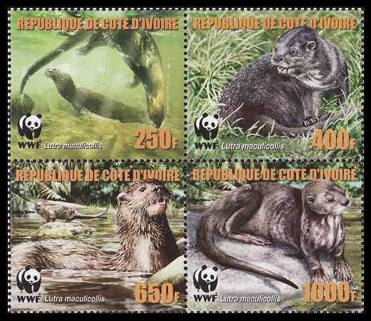 Ivory Coast WWF Speckle-throated Otter 4v in block 2*2 reprint MI#1353A-56A