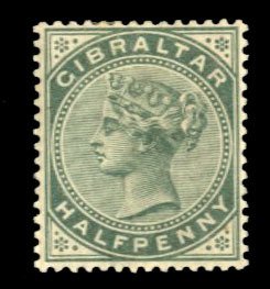 Gibraltar #8 Cat$20, 1887 1/2p dull green, lightly hinged