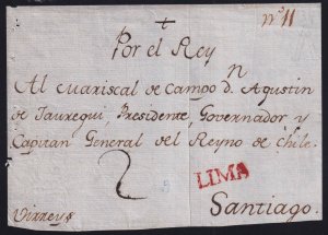 Peru c. 1775 Por el Rey Cover Front Lima to Royal Governor of Chile Santiago