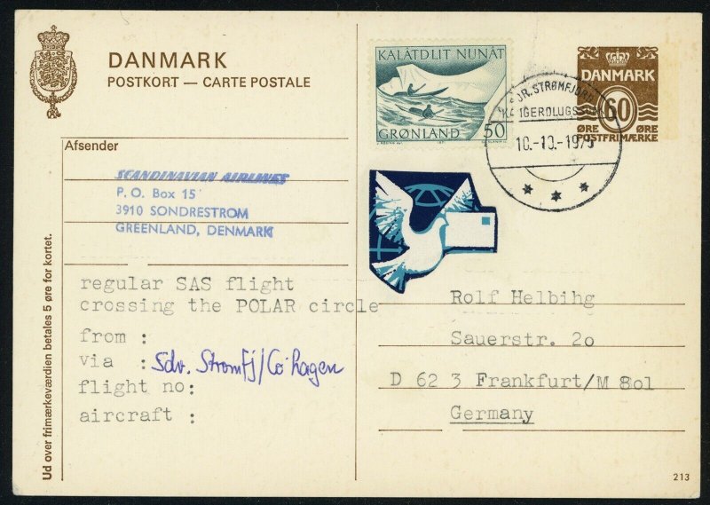 Greenland Denmark Mixed Franking Card to Germany SAS Polar Flight 1975 Airmail