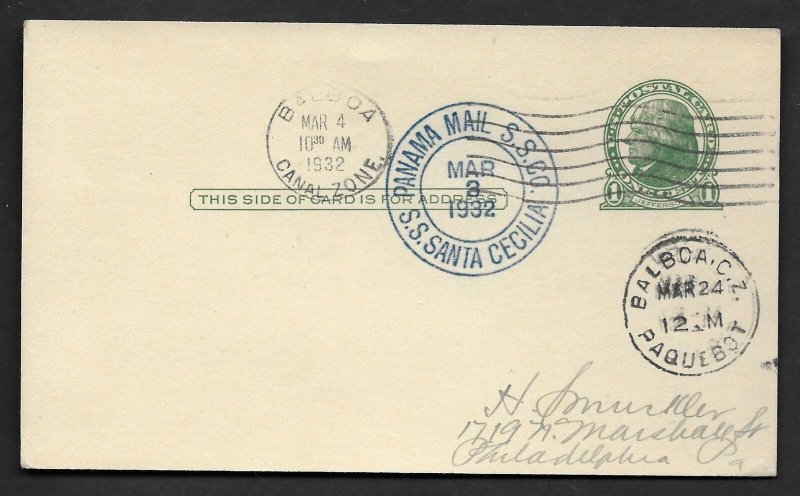 US PANAMA CANAL ZONE 1932 PANAMA MAIL STEAMSHIP CO. S.S. SANTA CECILLA BALBOA