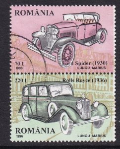 Romania #4132 b/d  cancelled 1996  pair antique automobiles