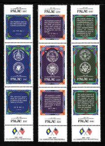 Palau-Sc#155-63-three unused NH strips of 3-US Constitution Bicentennial-