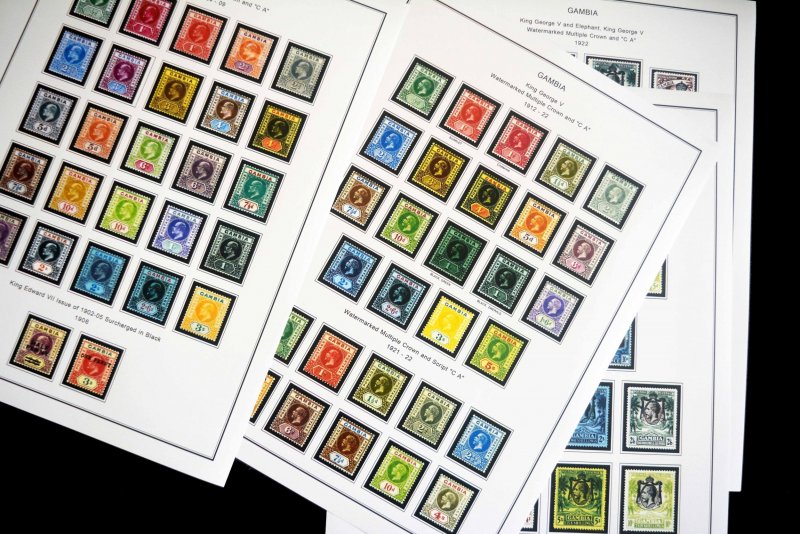 COLOR PRINTED GAMBIA 1869-1965 STAMP ALBUM PAGES (12 illustrated pages)