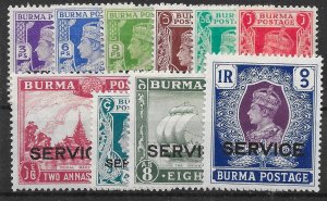 BURMA SGO15/24 1939 OFFICIAL SET TO 1r MTD MINT