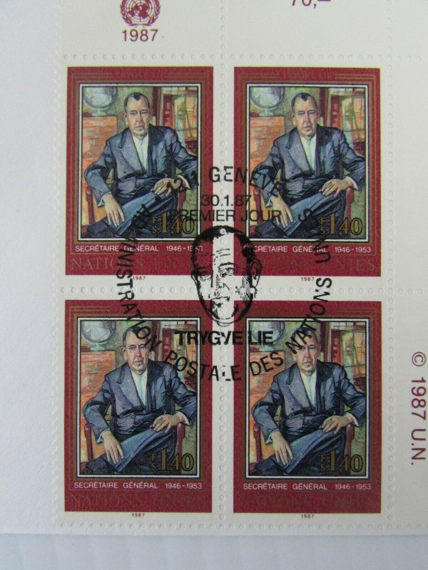 1987 UN 3 signed Trygve Lie FDC's Secretary General  CDS corner blocks