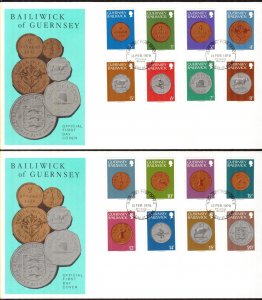Guernsey Great Britain 1979 / 1982 Coins on stamps set of 16 2 FDC