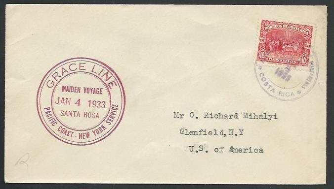 COSTA RICA 1933 cover maiden voyage of Grace Line's 'Santa Rosa'...........65539