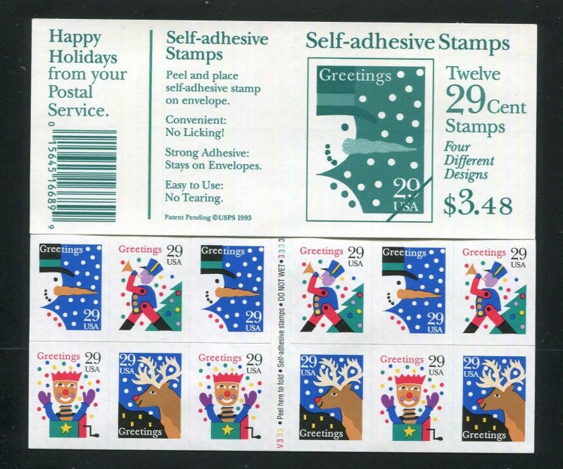 2799 - 2802 2802a  29¢ Christmas Greetings Complete Booklet of 12 Dle Cut 1993