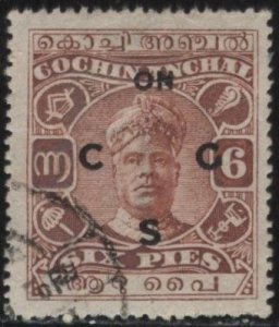 India: Cochin O11 (used) 6p Sri Rama Varma II, red brn, ovptd  (1922)