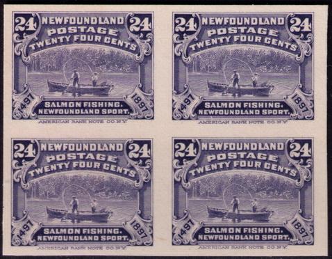 Newfoundland # 71p Proof XF india on card Bl of 4 Cat $ 300