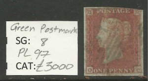 GB 1841 QV 1d Penny Red Imperf ( O & C )CV £3.000 GREEN PMK SG 8. ( R371 )